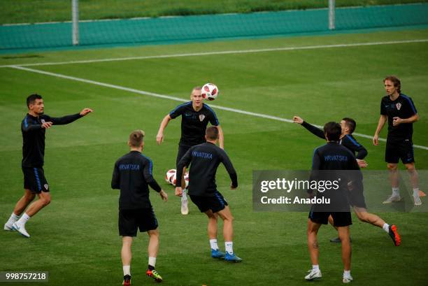 Croatia's national football team players attend training session ahead of the World Cup 2018 final match against France, in Moscow, Russia on July...