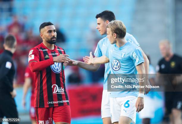 Saman Ghoddos of Ostersunds FK and Oscar Lewicki of Malmo FF after the Allsvenskan match between Malmo FF and Ostersunds FK at Malmo Stadion on July...