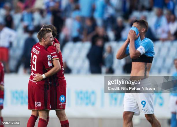 Dennis Widgren and Tom Pettersson of Ostersunds FK after the Allsvenskan match between Malmo FF and Ostersunds FK at Malmo Stadion on July 14, 2018...