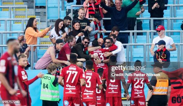 Saman Ghoddos of Ostersunds FK celebrates after scoring to 1-1 during the Allsvenskan match between Malmo FF and Ostersunds FK at Malmo Stadion on...