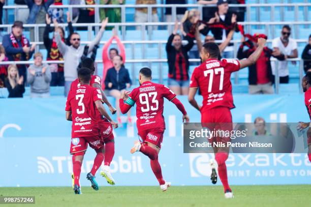 Saman Ghoddos of Ostersunds FK celebrates after scoring to 1-1 during the Allsvenskan match between Malmo FF and Ostersunds FK at Malmo Stadion on...