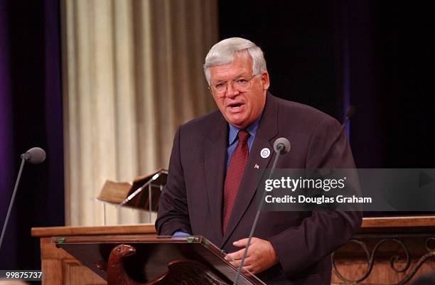 Speaker of the House J. Dennis Hastert, R-Ill., gives his speech during the Commemorative Joint Meeting of Congress held at Federal Hall in New York...