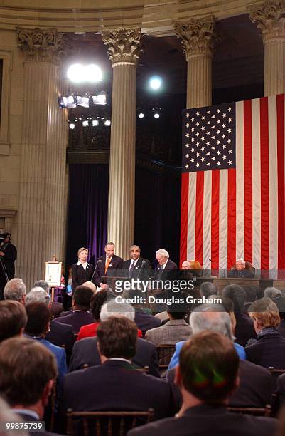 Hillary Clinton, Charles Schumer, Charles Rangel and Benjamin Gilman during the Commemorative Joint Meeting of Congress held at Federal Hall in New...