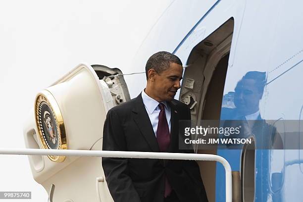 President Barack Obama boards Air Force One at Andrews Air Force Base, Maryland May 18, 2010. The President will travel to Youngstown, Ohio, and tour...