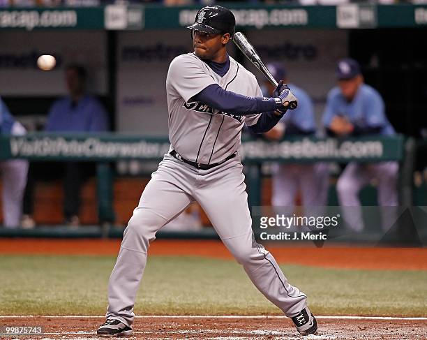 Designated hitter Ken Griffey Jr. #24 of the Seattle Mariners bats against the Tampa Bay Rays during the game at Tropicana Field on May 16, 2010 in...