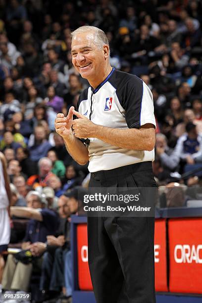 Referee Bennett Salvatore looks on with a smile during the game between the New York Knicks and the Golden State Warriors at Oracle Arena on April 2,...