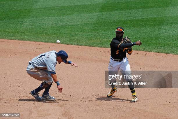 Josh Harrison of the Pittsburgh Pirates attempts to turn a double play in the fifth inning during game one of a doubleheader against Tyler Saladino...