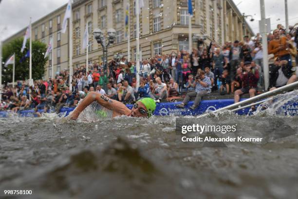 Adrien Briffod of Switzerland during the swim leg of the ITU World Triathlon Elite Men race on July 14, 2018 in Hamburg, Germany.