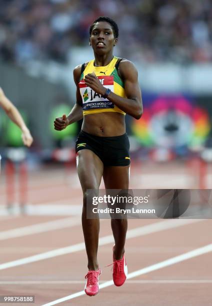 Janieve Russell of Jamaica competes in the Women's 400m Hurdles during day one of the Athletics World Cup London at the London Stadium on July 14,...