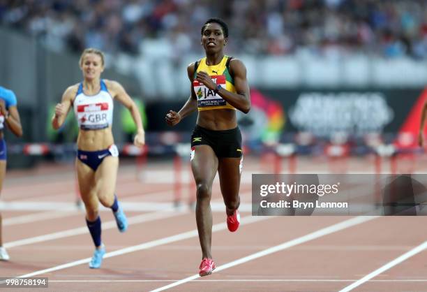 Janieve Russell of Jamaica competes in the Women's 400m Hurdles during day one of the Athletics World Cup London at the London Stadium on July 14,...