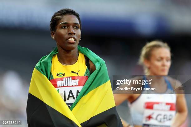 Janieve Russell of Jamaica celebrates winning the Women's 400m Hurdles during day one of the Athletics World Cup London at the London Stadium on July...