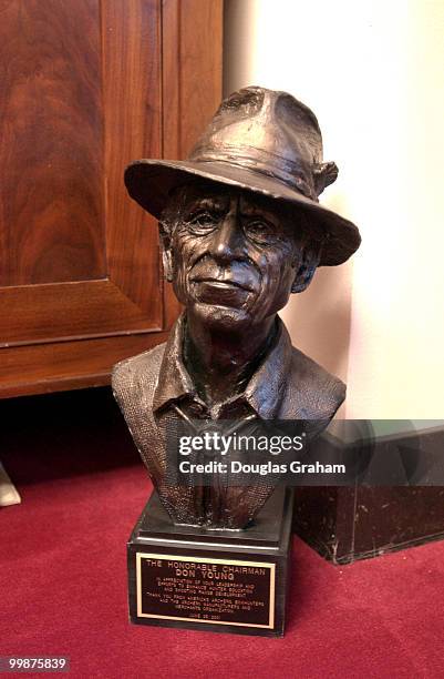 Bust of Fred Bear the father of modern bowhunting, sits in Don Young's office in the Rayburn House Office Building. The inscription reads, "In...