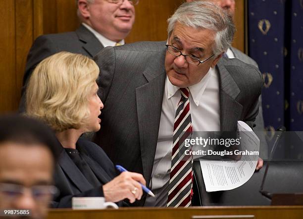 Carolyn Maloney, D-NY, author of the bill and Chairman Barney Frank, D-MASS., before the start of the House Financial Services Committee full...