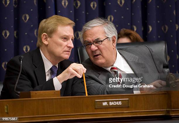 Spencer Bachus, R-AL., and Barney Frank, D-MASS., talk before the start of the House Financial Services Committee full committee hearing on "The...