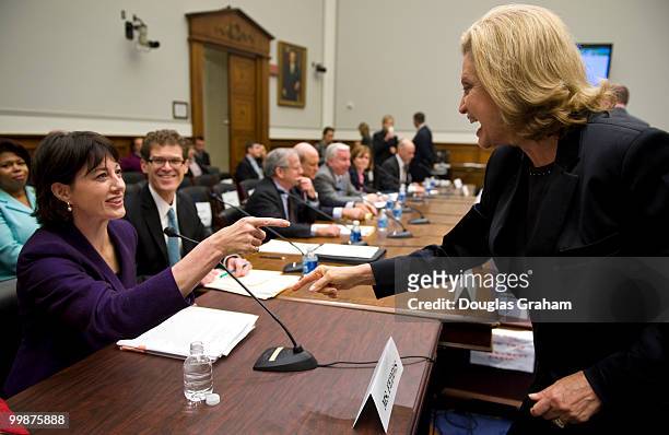 Nessa Feddis, vice president and senior counsel for the American Bankers Association's Center for Regulatory Compliance greets Carolyn Maloney, D-NY,...