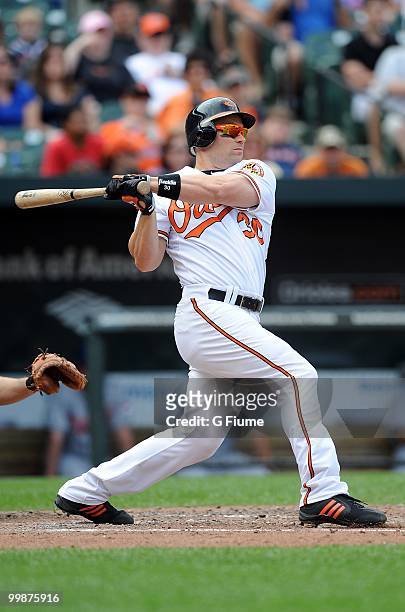 Luke Scott of the Baltimore Orioles bats against the Cleveland Indians at Camden Yards on May 16, 2010 in Baltimore, Maryland.