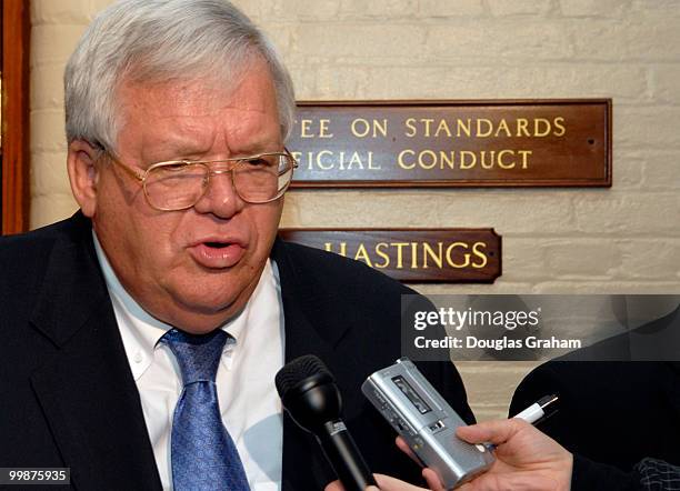Speaker of the House Dennis Hastert talks with reporters after he testified before a subcommittee of the House Ethics Committee investigating the...