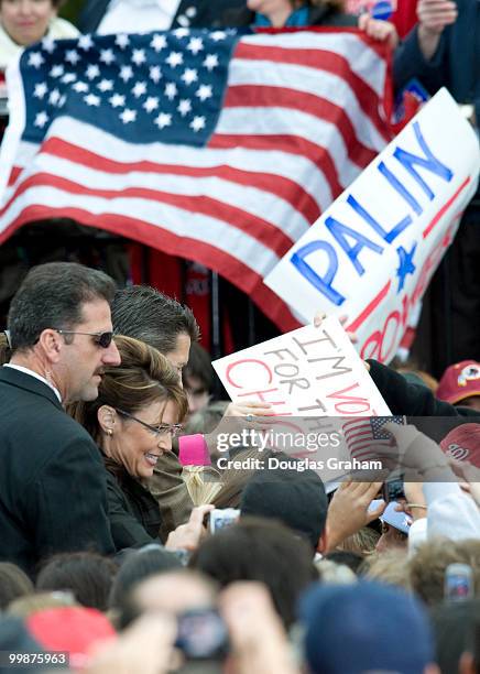 Vice presidential candidate and Alaska Gov. Sarah Palin and her husband Todd during a MCCain/Palin rally at J.R. Festival Lakes at Leesburg Virginia...