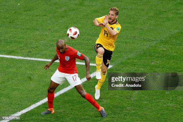 Fabian Delph of England and Dries Mertens of Belgium vie for the ball during the 2018 FIFA World Cup 3rd place match between Belgium and England at...