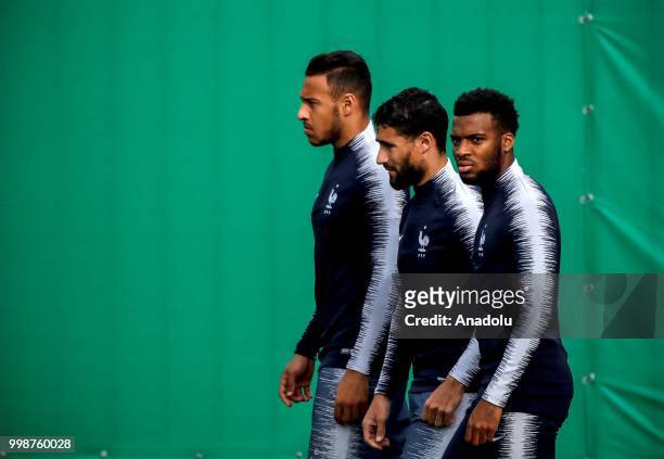 France's national football team players Corentin Tolisso , Nabil Fekir and Thomas Lemar attend training session ahead of the World Cup 2018 final...