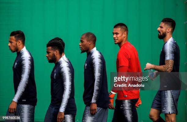 France's national football team players Corentin Tolisso , Alphonse Areola and Thomas Lemar attend training session ahead of the World Cup 2018 final...