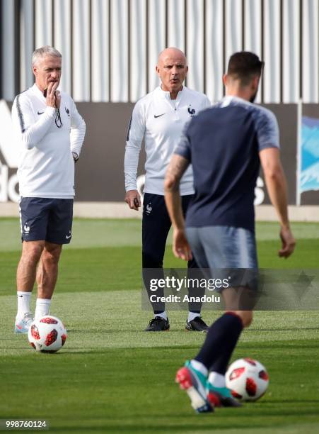 Head coach Didier Deschamps of France leads a training session ahead of the World Cup 2018 final match against Croatia, in Moscow, Russia on July 14,...