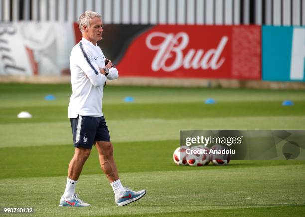 Head coach Didier Deschamps of France leads a training session ahead of the World Cup 2018 final match against Croatia, in Moscow, Russia on July 14,...