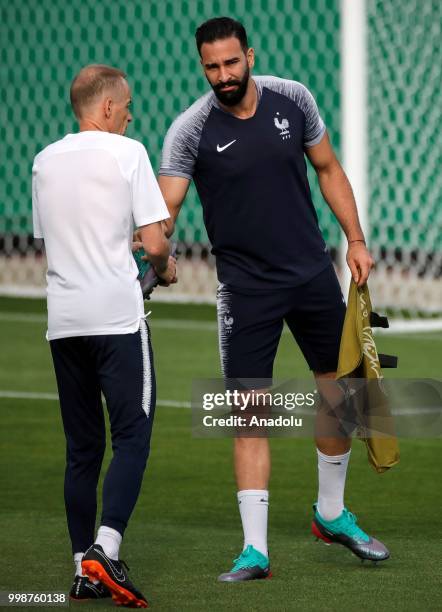 France's national football team player Adil Rami is seen during training session ahead of the World Cup 2018 final match against Croatia, in Moscow,...
