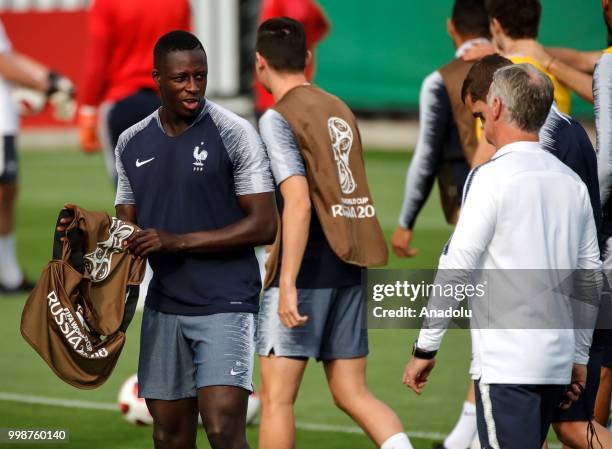 France's national football team player Benjamin Mendy is seen during training session ahead of the World Cup 2018 final match against Croatia, in...