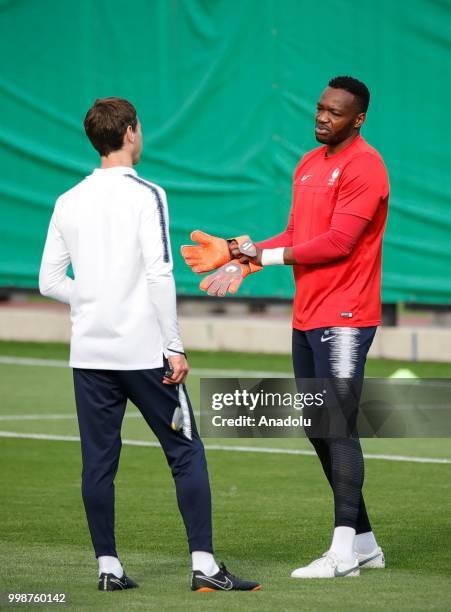 France's national football team player Steve Mandanda is seen during training session ahead of the World Cup 2018 final match against Croatia, in...