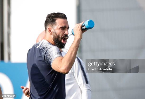 France's national football team player Adil Rami is seen during training session ahead of the World Cup 2018 final match against Croatia, in Moscow,...