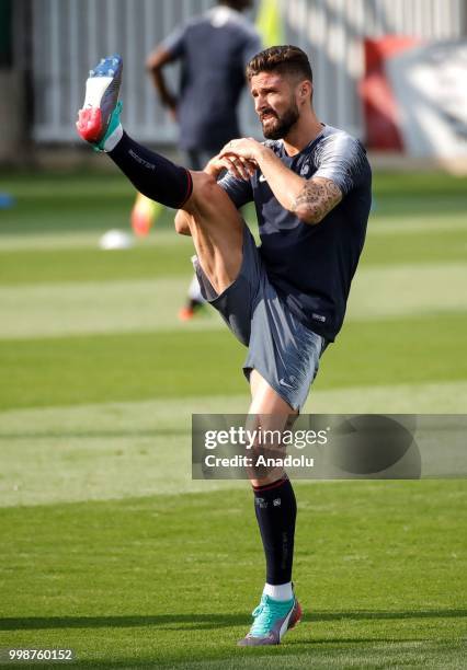 France's national football team player Oliver Giroud is seen during training session ahead of the World Cup 2018 final match against Croatia, in...