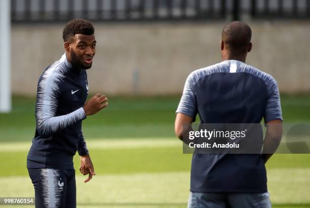 France's national football team player Thomas Lemar is seen during training session ahead of the World Cup 2018 final match against Croatia, in...