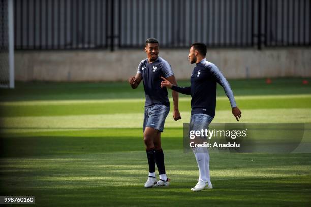 France's national football team player Presnel Kimpembe is seen during training session ahead of the World Cup 2018 final match against Croatia, in...