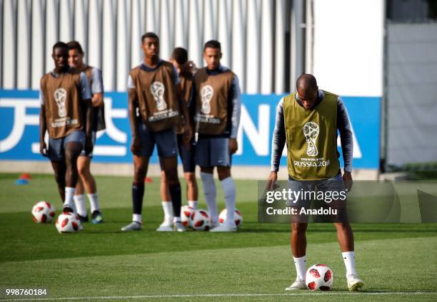 France's national football team players are seen during training session ahead of the World Cup 2018 final match against Croatia, in Moscow, Russia...