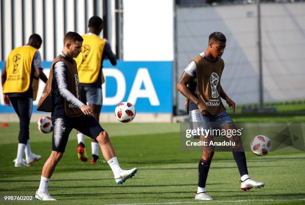 France's national football team players Lucas Hernandez and Presnel Kimpembe are seen during training session ahead of the World Cup 2018 final match...