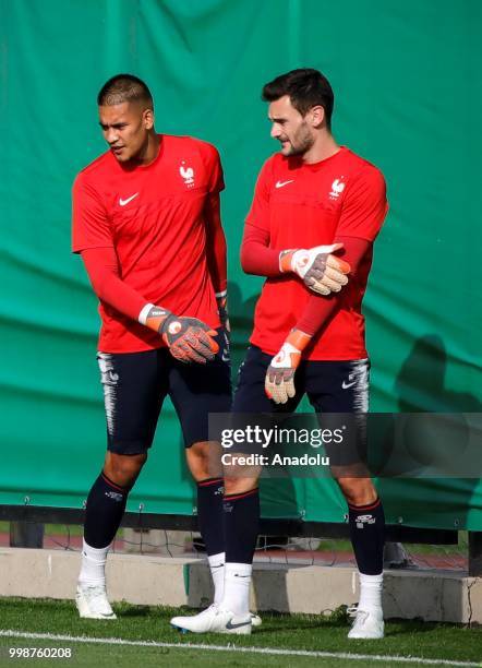 France's national football team goalkeepers Alphonse Areola and Hugo Lloris are seen during training session ahead of the World Cup 2018 final match...