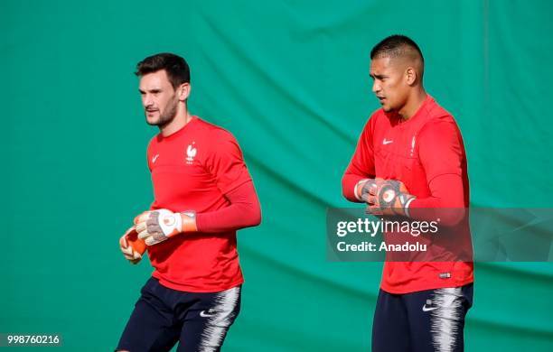 France's national football team goalkeepers Alphonse Areola and Hugo Lloris are seen during training session ahead of the World Cup 2018 final match...