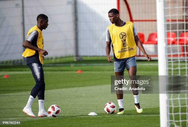 France's national football team player Paul Pogba is seen during training session ahead of the World Cup 2018 final match against Croatia, in Moscow,...