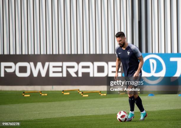 France's national football team player Oliver Giroud is seen during training session ahead of the World Cup 2018 final match against Croatia, in...