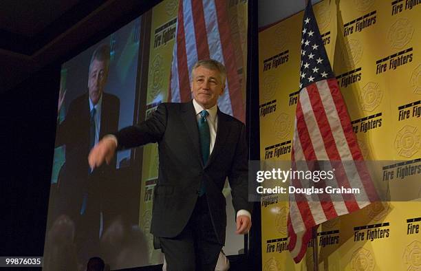 Chuck Hagel, R-Neb., addresses the International Assn. Of Fire Fighters ,Bipartisan 2008 Presidential Forum at the Hyatt Regency Capitol Hill.