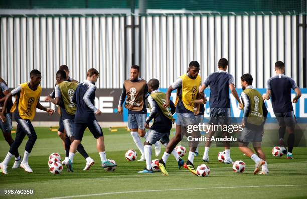 France's national football team players are seen during training session ahead of the World Cup 2018 final match against Croatia, in Moscow, Russia...