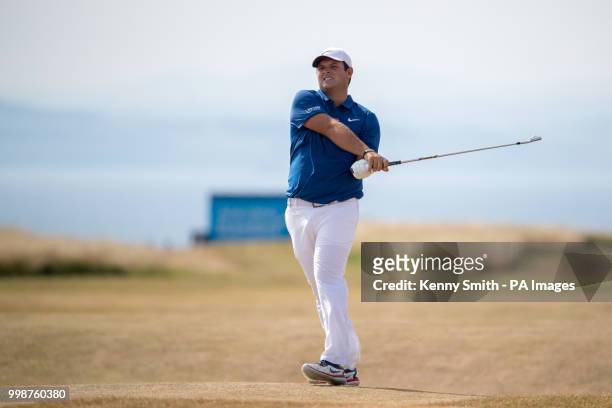 Patrick Reed hits his approach into the 16th hole during day three of the Aberdeen Standard Investment Scottish Open at Gullane Golf Club, East...