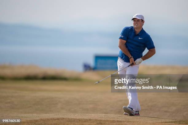 Patrick Reed hits his approach into the 16th hole during day three of the Aberdeen Standard Investment Scottish Open at Gullane Golf Club, East...