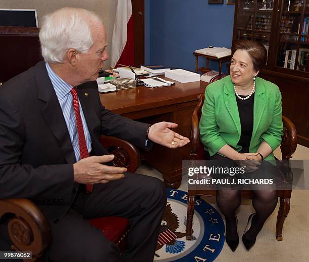 Supreme Court nominee, Solicitor General Elena Kagan meets with Sen. John Cornyn in his Capitol Hill office May 18, 2010 in Washington, DC. Kagan...