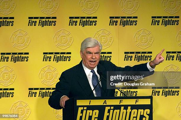 Christopher Dodd, D-Conn., addresses the International Assn. Of Fire Fighters ,Bipartisan 2008 Presidential Forum at the Hyatt Regency Capitol Hill.