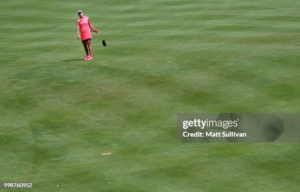 Lexi Thompson watches her second shot on the first hole during the third round of the Marathon Classic Presented By Owens Corning And O-I at Highland...