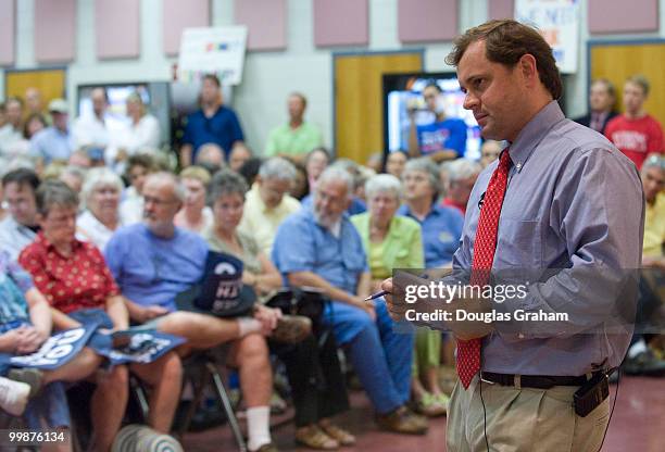 Tom Perriello, D-VA., addresses a mostly pro-heath care crowd during a town hall meeting at the Fluvanna Middle School in Fluvanna County Virginia....