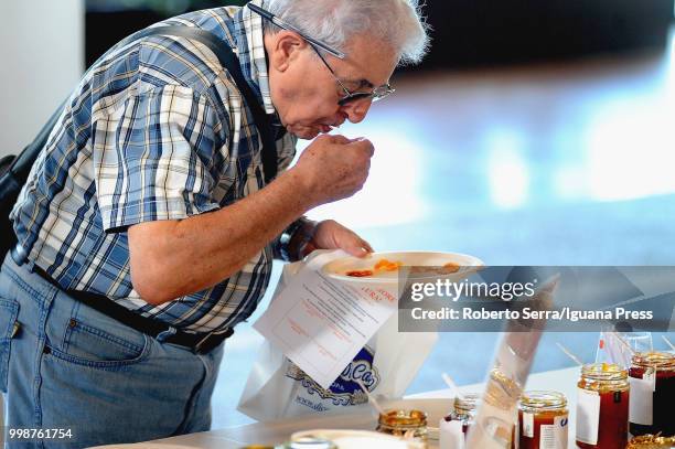 People testing confitures at the Jam Festival at FICO Agri-Food Park on July 14, 2018 in Bologna, Italy.