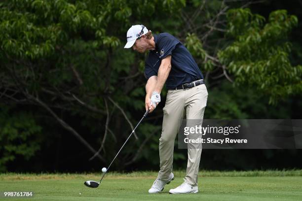 David Hearn of Canada hits his tee shot on the second hole during the third round of the John Deere Classic at TPC Deere Run on July 14, 2018 in...